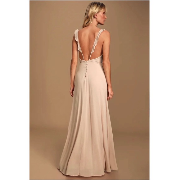 NWT Lulu’s Meteoric Rise Blush Maxi Dress Spaghetti Strap Ruffle Pink Plunging S - Picture 4 of 17